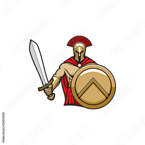 Ancient soldier of roman empire isolated armored man with shield and sword. Vector legionnaire fighter in red cloak and helmet with plume, sparta army hero, legendary historic warrior emblem