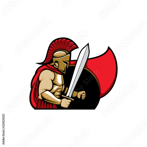 Sparta centurion soldier isolated man with shield and sword, red cloak and helmet with plume, side view. Vector roman legionnaire, war and military hero with mohawk, greece armored swordsman