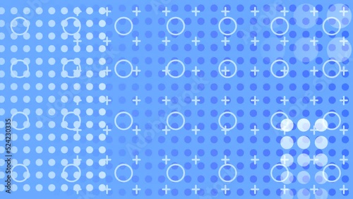 Abstract animated screensaver of geometric shapes. Looped animation with circles and crosses.