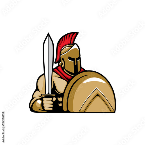 Roman empire armored warrior isolated soldier with sword and shield. Vector sparta army hero, legendary historic warrior emblem. Legionnaire fighter in metal helmet with red plume, trojan fighter