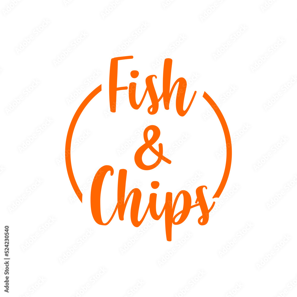 Comida rápida británica tradicional. Logo con texto manuscrito fish and chips en círculo Comida rápida británica tradicional. Logo con texto manuscrito fish and chips en círculo