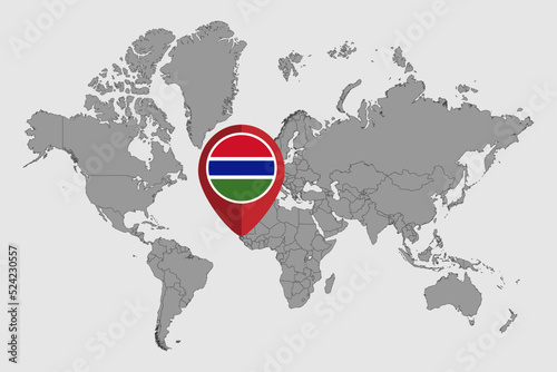 Pin map with Gambia flag on world map. Vector illustration.