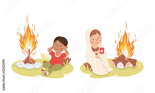 Little children sitting at bonfire at summer camp. Happy boys relaxing and warming themselves by fire cartoon vector illustration