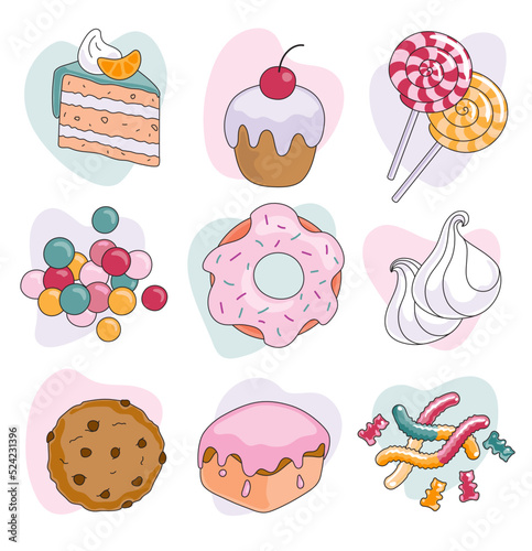 dragee; pie; meringue cookies; meringue; marmalade; gummy worms; bear; gum; jelly; gelatin; caking; sweetie; calorie; cake vector; doughnut; candyshop; cherry; lollipop; collection; yummy; meal; sweet