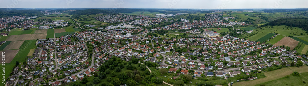 Aerial view of the city Herbrechtingen in Germany, Bavaria on a cloudy day in summer 