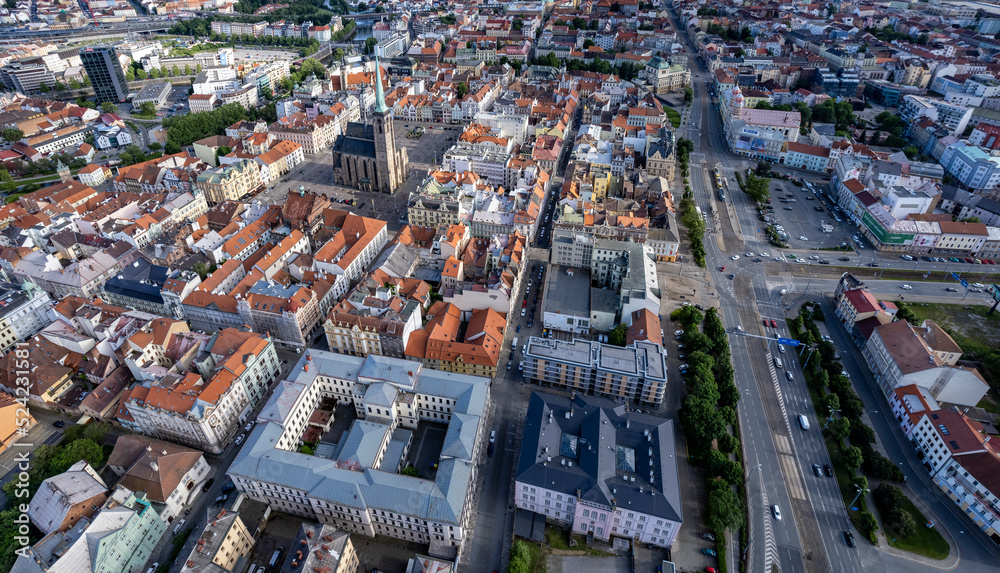 Aerial view of the old town of the city Pilsen in the czech Republic on a sunny day in summer. 