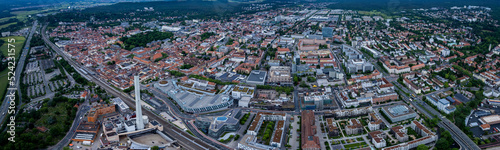Aerial view of the city Erlangen in Bavaria, Germany on a cloudy day in summer.