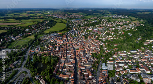  Aerial view of the old town Neustadt an der Aisch in Germany on a sunny afternoon in spring