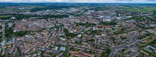 Aerial view of the city Schweinfurt in Germany, Bavaria on a overcast day in summer.