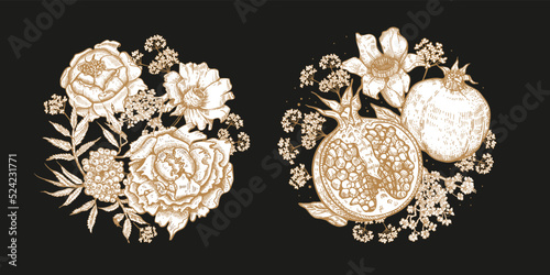Set of round floral compositions in vintage style. Pomegranate fruits and flowers on a black background.