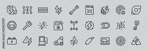 AUTO PARTS Set of Icons related vector line icons. Contains icons such as parts, oil, diagnostics, turbine, steering wheel, key, chassis, gearbox and much more. Editable stroke
