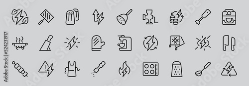 KITCHEN ICON Cooking process, Kitchen tools, Icon set, thin line vector has a blender, oven, knife, grater, barbecue, apron, barbecue, grill, coffee machine, kitchen glove, Editable stroke