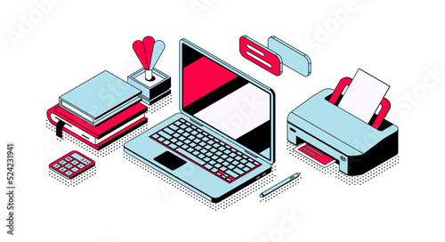 Vector isometric illustration, 3d workplace with laptop, printer and books. Concept for online learning, education, business. Modern communication technologies, work with information
