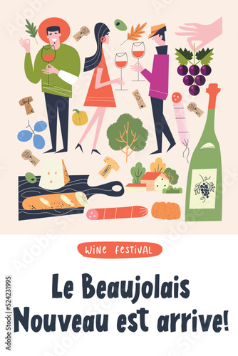 Beaujolais Nouveau Wine Festival. Vector illustration, a set of design elements for a wine festival. The inscription means Beaujolais Nouveau has arrived!