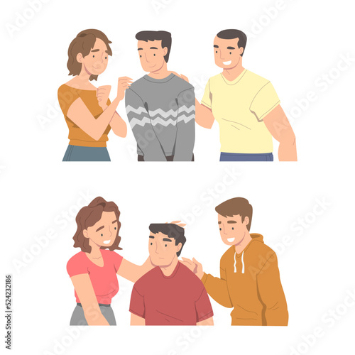 Friends trying to comfort and encourage their sad friend set. Empathy and compassion, friendship concept cartoon vector illustration