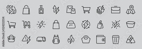 Simple set of bags, shopping and travel icons. Vector illustration Contains icons such as Card, wallet, shopping basket, discount, bowl, package. On a white background, editable stroke