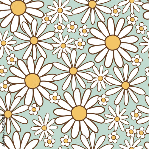 Wallpaper Mural Seamless pattern retro 1970s hippie. Background with colorful flower chamomile in vintage style. Illustration with positive symbols for wallpaper, fabric, textiles. Vector Torontodigital.ca