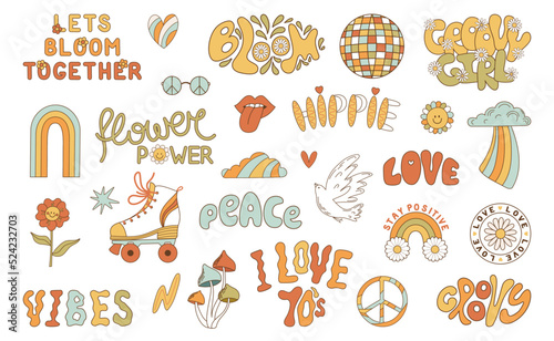 Set lettering and stickers retro 1970s. Psychedelic groove elements. Funny illustrations Pacific, mushroom and rainbow in flat style. Positive and peace symbols in vintage style. Vector