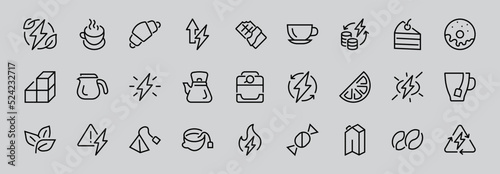 COFFEE and TEA LINEAR ICONS SET, contains Icons of tea, tea bag, Coffee machine, cake, sugar, teapot, cup, milk, cream, Lemon, chocolate bar, LINEAR ICONS Editable stroke