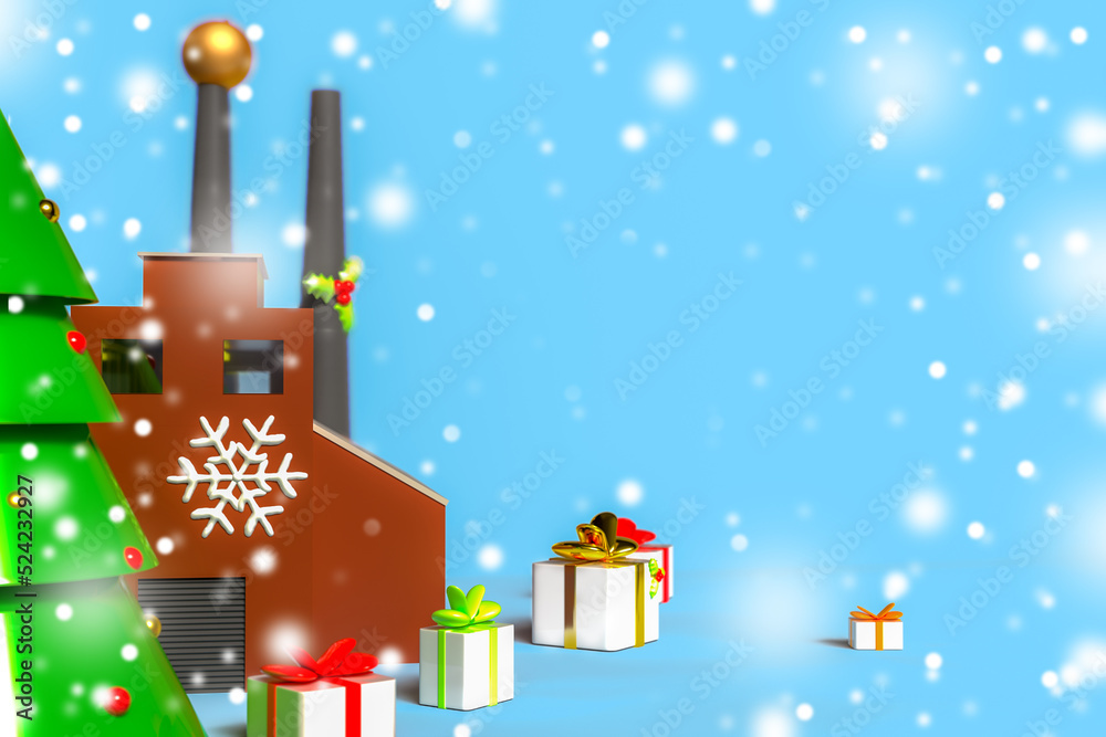 Illustration with a factory or warehouse decorated in a festive style. Background for Christmas or New Year celebration.