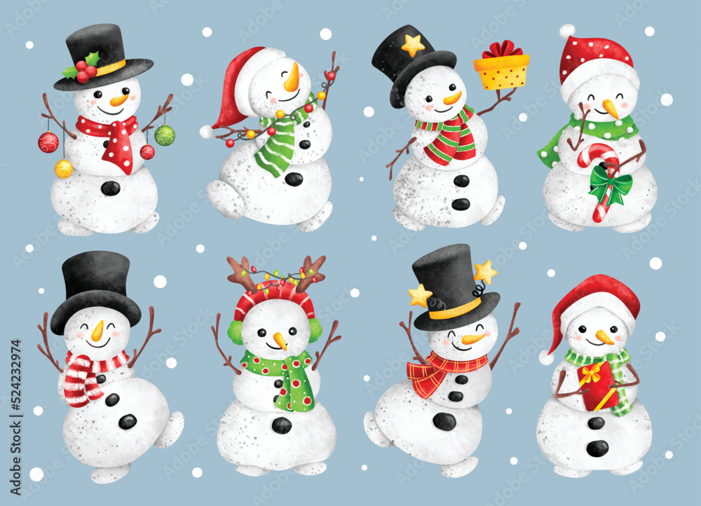 Watercolor Illustration set of Cute snowman character with Christmas ornaments 