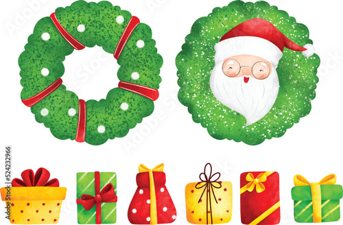 Watercolor Illustration set of Christmas wreath and gifts 
