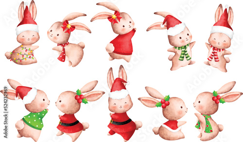 Watercolor Illustration set of Cute Christmas rabbit character 