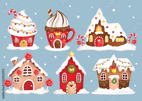 Watercolor Illustration set of Cute Christmas gingerbread house