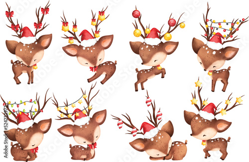 Watercolor Illustration set of Cute Christmas raindeer character 