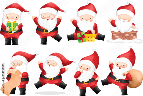 Watercolor Illustration set of Cute Santa Claus character