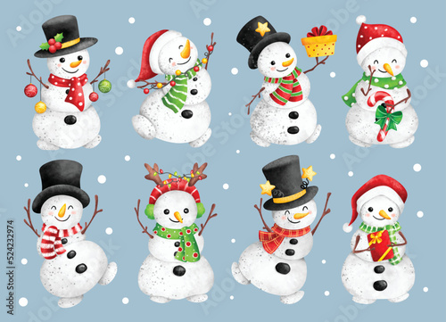 Watercolor Illustration set of Cute snowman character with Christmas ornaments  photo