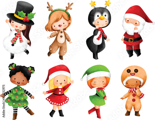 Watercolor Illustration set of Kids wearing Cute Christmas costume 