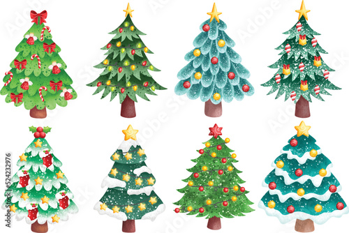 Watercolor Illustration set of Christmas tree with ornaments