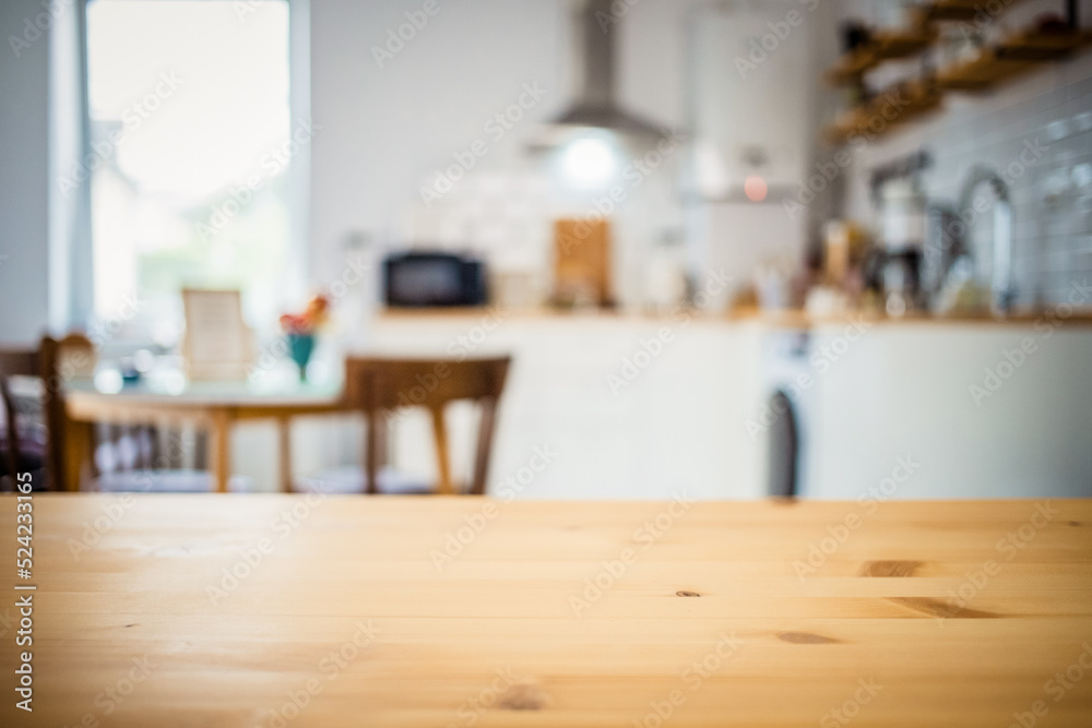 empty wooden tabletop and blurred kitchen mock up for product display empty wooden tabletop and blurred kitchen mock up for product display