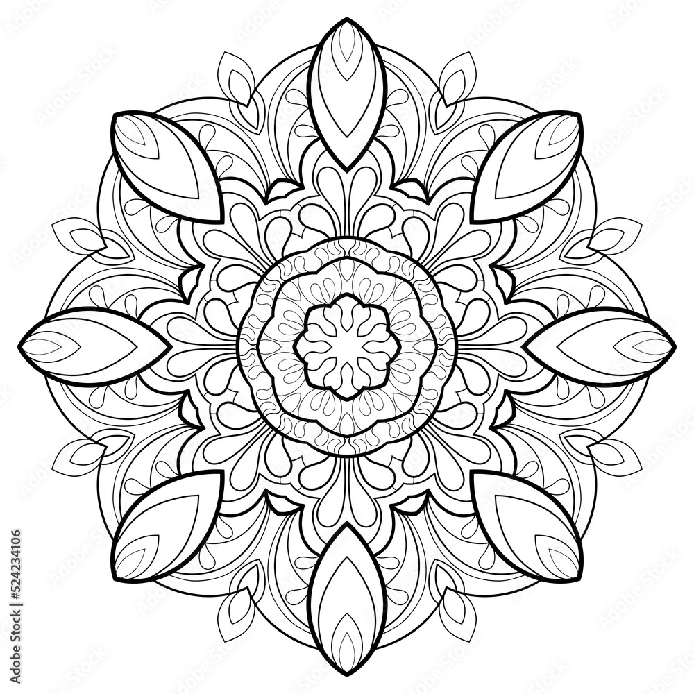 Decorative mandala with floral elements and soft patterns on a white isolated background. For coloring book pages.