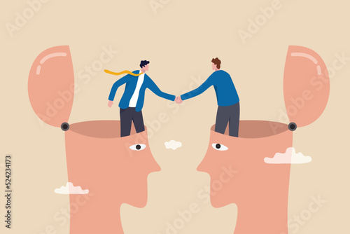 Negotiation skill for leadership, partner agreement or collaboration meeting, psychology to deal with people or collaboration for success concept, businessman shaking hand from heads for agreement.
