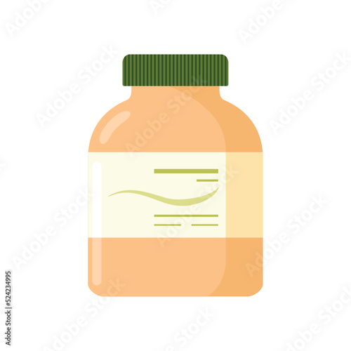 Vector illustration of a dark glass bottle with dietary supplement with label. Healthy balanced diet vitamins minerals nutrition concept