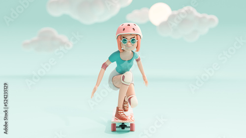 cute teenager girl wearing pink skateboard hat her happy while skateboarding. Designed in pastel color concept. cartoon character, 3d rendering. © oatintro