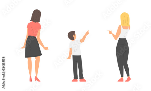 Rare view of young women and girl pointing with fingers at something set cartoon vector illustration