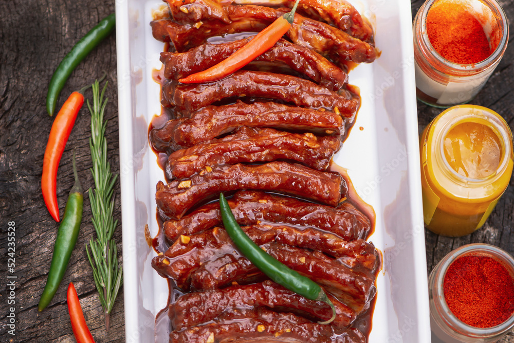 pork ribs marinated in honey mustard sauce and paprika, for barbecue pork ribs marinated in honey mustard sauce and paprika, for barbecue