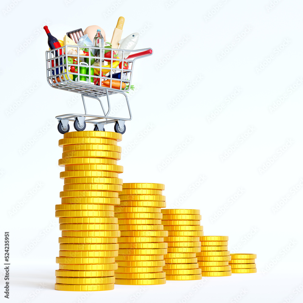 3D rendering foods inflation, CPI consumer price index. Shopping cart trolley on rising graph