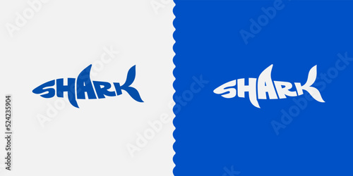 Stylized word in shape of shark. Set of black and white sharks. Design logo for card, poster, holiday cover, web banner template lettering typography. Vector illustration. Isolated on white background