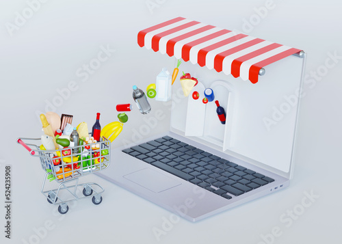Shopping cart with different food products on laptop computer in the form of a store. Conception online ordering groceries. Realistic grocery cart illustration. Shop online concept. 3d rendering.