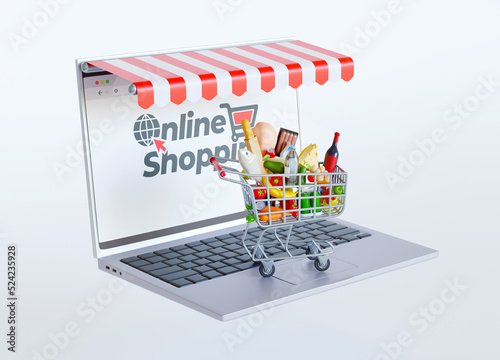 Shopping cart worth on laptop. Grocery food buying online and delivery app concept. Food market in laptop. Computer as grocery shop with shopping basket full of food. 3d rendering for online shopping.