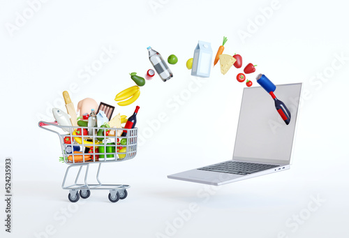 Shopping cart with different food products on laptop computer. Conception online ordering groceries. Realistic grocery cart illustration. Shop online concept isolated on white background. 3d rendering