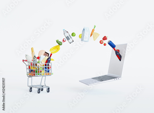 Shopping cart with different food products on laptop computer isolated on white background. Conception online ordering groceries. Realistic grocery cart illustration. Shop online concept. 3d rendering