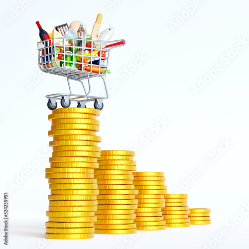 3D rendering foods inflation, CPI consumer price index. Shopping cart trolley on rising graph cost of living indicator. Rising foods cost and grocery price. Price rise concept on white background.