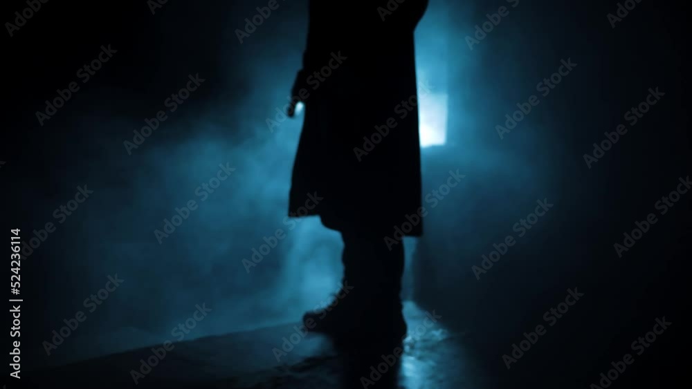 Cinematic shot of a professional killer in long court with a handgun in dramatic light, and smoke. Cinematic shot of a professional killer in long court with a handgun in dramatic light, and smoke.