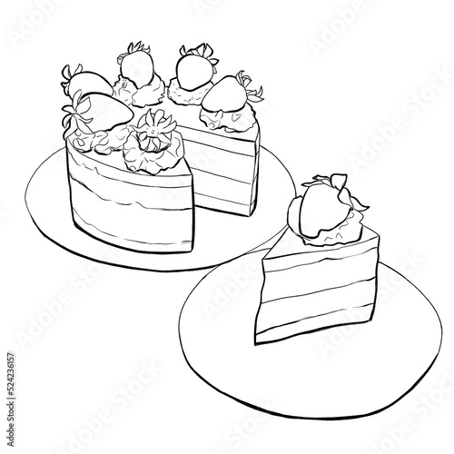 A large cake with a cut piece. Sponge cake with icing and strawberries. Dessert for a birthday, wedding or any other holiday. Hand-drawn illustration