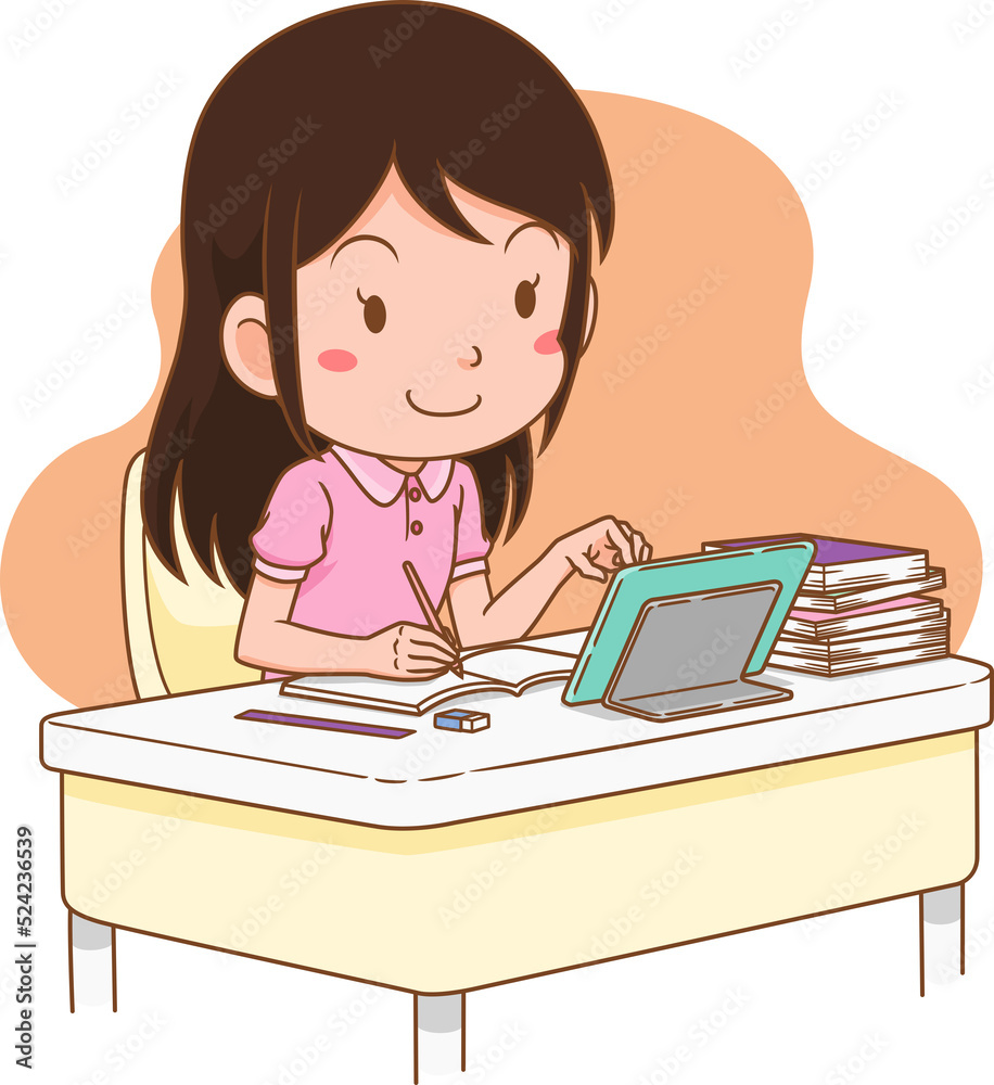 Cartoon illustration of girl studying online from home. Cartoon illustration of girl studying online from home.